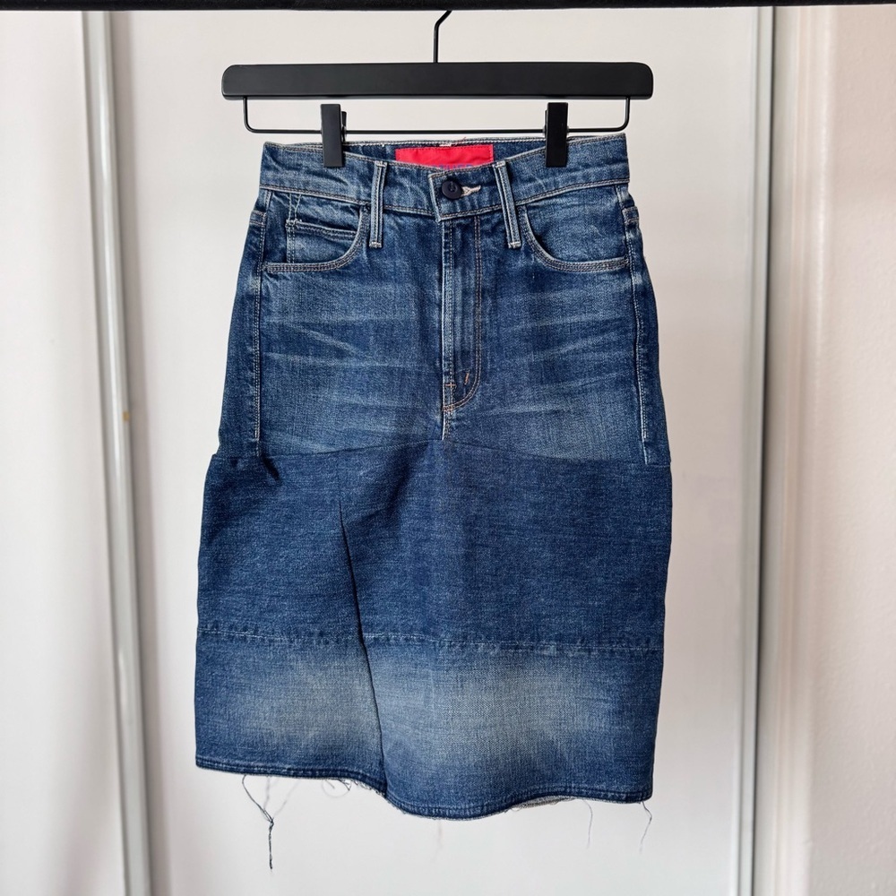 MOTHER Carolyn Murphy  Knee Step Back Upcycled  Denim Midi Skirt Size 23